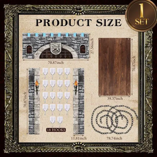 Alt view image 2 of 6 - 6 Pcs 70 Inch 3D Medieval Party Decorations Medieval Castle Door Cover Castle Backdrop Enchanted Entrance Ground Stereo Chain Decorations Door Windows Props Banner Pirate Vampire Party