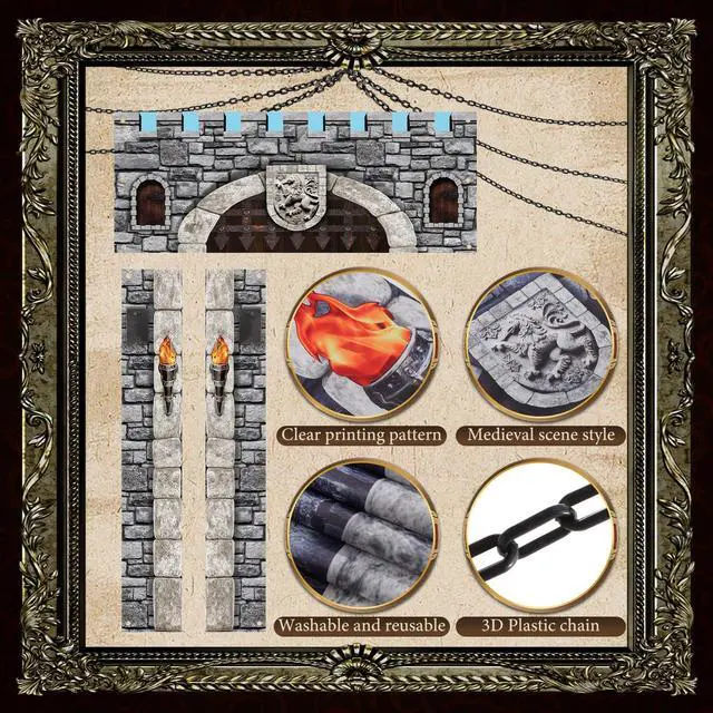 Alt view image 3 of 6 - 6 Pcs 70 Inch 3D Medieval Party Decorations Medieval Castle Door Cover Castle Backdrop Enchanted Entrance Ground Stereo Chain Decorations Door Windows Props Banner Pirate Vampire Party