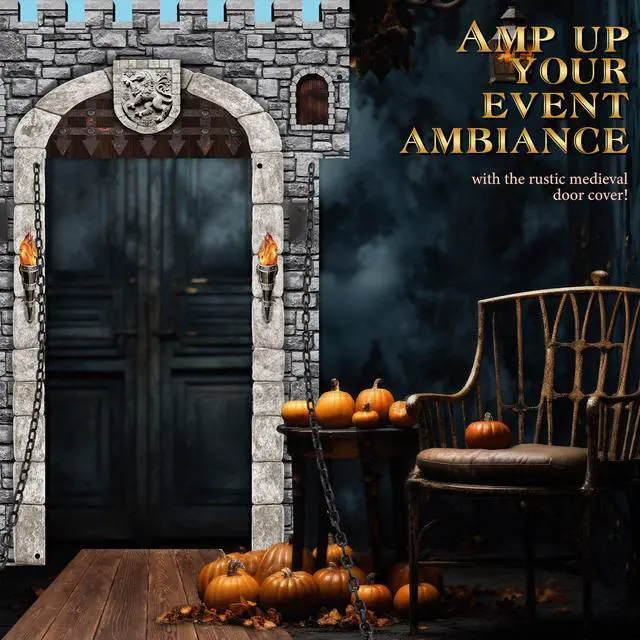 Alt view image 6 of 6 - 6 Pcs 70 Inch 3D Medieval Party Decorations Medieval Castle Door Cover Castle Backdrop Enchanted Entrance Ground Stereo Chain Decorations Door Windows Props Banner Pirate Vampire Party