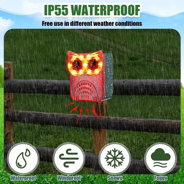 Alt view image 3 of 7 - 2 Set Solar Outdoor Alarm Motion Sensor 13 Sounds Including Dog Barking& Gunshot 129db Security Siren Ultrasonic Detector Strobe Light 4 Modes Animal Deterrent Waterproof Alarm for Home, Farm