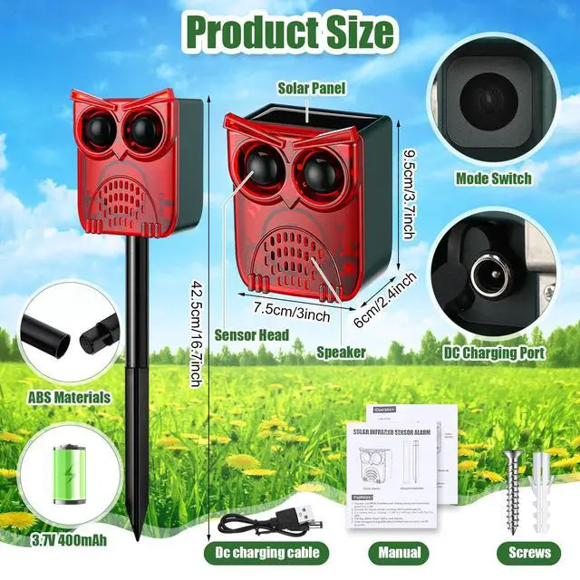 Alt view image 2 of 7 - 2 Set Solar Outdoor Alarm Motion Sensor 13 Sounds Including Dog Barking& Gunshot 129db Security Siren Ultrasonic Detector Strobe Light 4 Modes Animal Deterrent Waterproof Alarm for Home, Farm