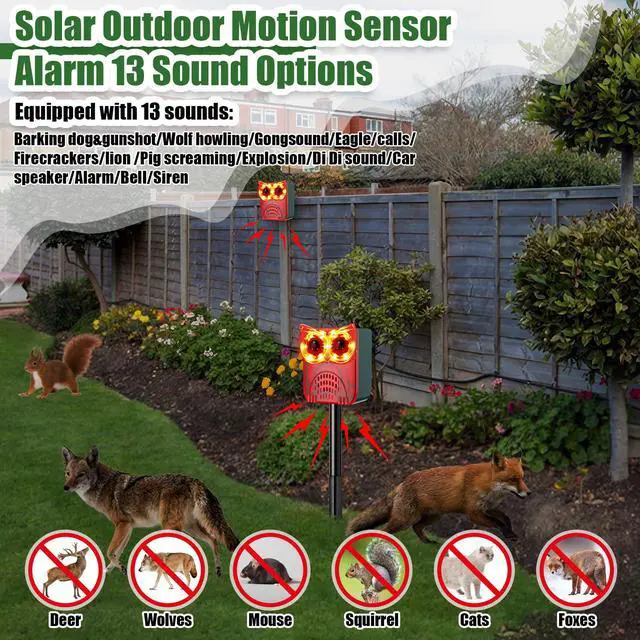 Alt view image 6 of 7 - 2 Set Solar Outdoor Alarm Motion Sensor 13 Sounds Including Dog Barking& Gunshot 129db Security Siren Ultrasonic Detector Strobe Light 4 Modes Animal Deterrent Waterproof Alarm for Home, Farm