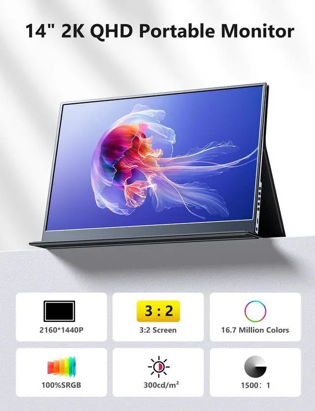 Alt view image 2 of 7 - Portable Monitor 14 inch 2160 * 1440P IPS Laptop Monitor, Dual USB C HDMI Second Computer Screen, Gaming Display with 2 Speakers, Travel Monitor for Laptop PS4/5 PC Phone Xbox Switch