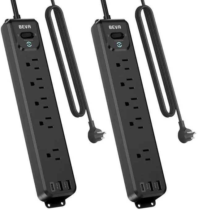Main image of 2 Pack Surge Protector Power Strip, 10FT Long Extension Cord | 5 Widely Spaced Outlets 3 USB Ports (1 USB C Port), Overload Protection, 900 Joules, Wall Mount Home Office Dorm, ETL Listed
