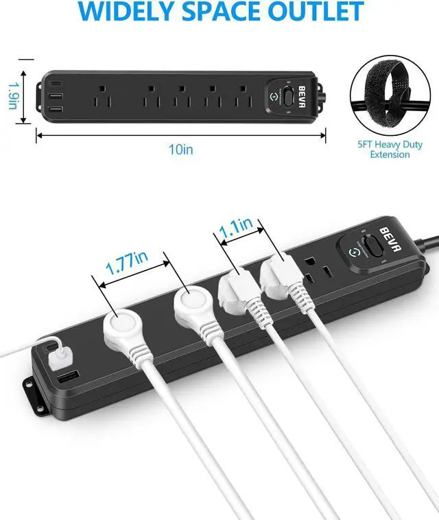 Alt view image 6 of 7 - 2 Pack Surge Protector Power Strip, 10FT Long Extension Cord | 5 Widely Spaced Outlets 3 USB Ports (1 USB C Port), Overload Protection, 900 Joules, Wall Mount Home Office Dorm, ETL Listed