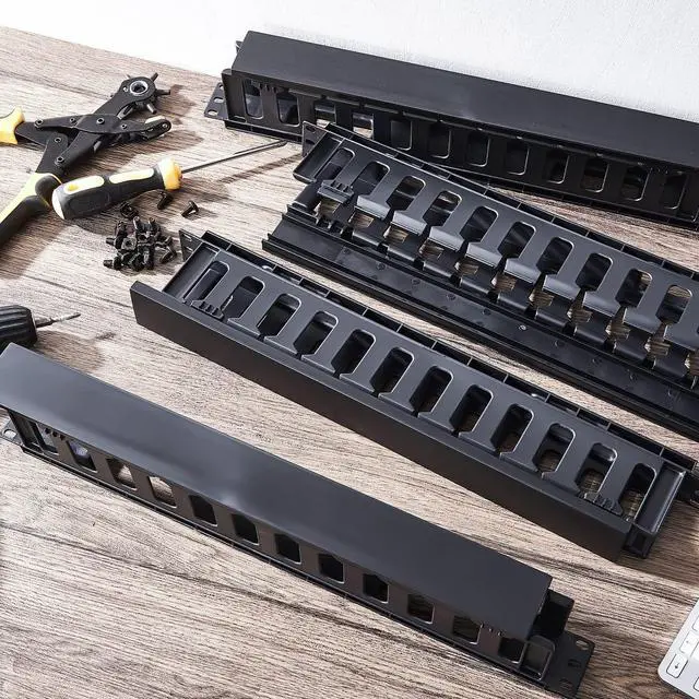 Alt view image 7 of 7 - 4 Pcs 1U Rack Cable Management Sleeves Horizontal Mount Cable 12 Slot Management Clips Rack with Panel Cover 19 Inch for Wall Shelf Mount