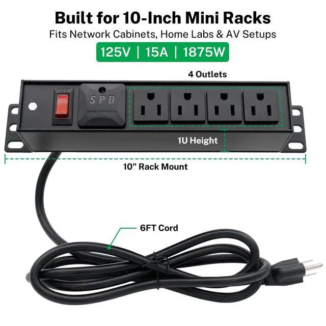 Alt view image 2 of 5 - 10-Inch Rack PDU, 1U 4-Outlet Surge Power Strip, 6 FT | ETL Listed metal housing, reset switch for compact network racks