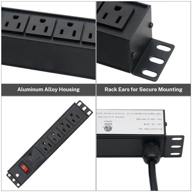 Alt view image 5 of 5 - 10-Inch Rack PDU, 1U 4-Outlet Surge Power Strip, 6 FT | ETL Listed metal housing, reset switch for compact network racks