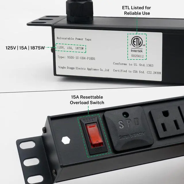 Alt view image 4 of 5 - 10-Inch Rack PDU, 1U 4-Outlet Surge Power Strip, 6 FT | ETL Listed metal housing, reset switch for compact network racks