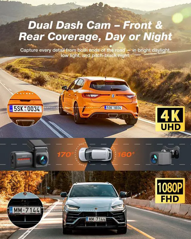 Alt view image 3 of 7 - 4K Dash Cam Front and Rear, 4K+1080P Dual Dash Camera for Cars | 2.99" Display, WiFi6, APP Control, Night Vision, WDR, G-Sensor, Loop Recording, 24H Parking Mode, Voice Prompt, No SD Card