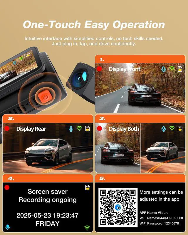 Alt view image 7 of 7 - 4K Dash Cam Front and Rear, 4K+1080P Dual Dash Camera for Cars | 2.99" Display, WiFi6, APP Control, Night Vision, WDR, G-Sensor, Loop Recording, 24H Parking Mode, Voice Prompt, No SD Card