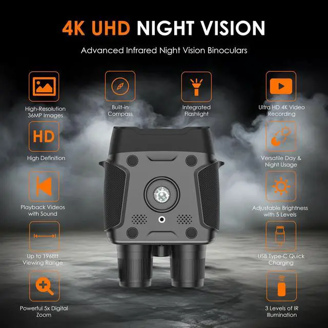 Alt view image 2 of 7 - USA B1 Compass Night Vision Binoculars 4K Ultra HD, Integrated Compass, Flashlight, Weather Resistant, IR Night Vision, 5X Digital Zoom, Video Recording, and Photos