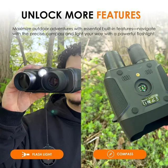 Alt view image 3 of 7 - USA B1 Compass Night Vision Binoculars 4K Ultra HD, Integrated Compass, Flashlight, Weather Resistant, IR Night Vision, 5X Digital Zoom, Video Recording, and Photos