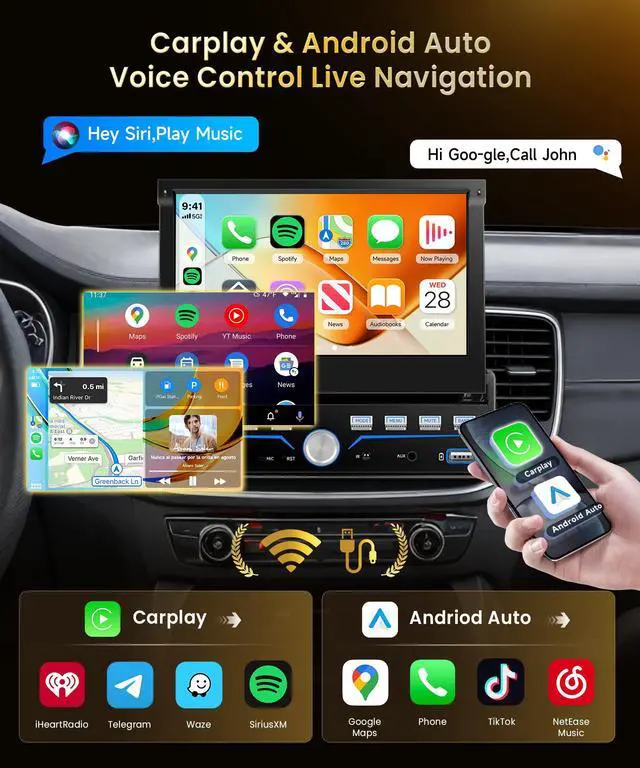 Alt view image 2 of 7 - 7'' Flip Out Screen Single Din Car Stereo with Piano Keys,Wireless CarPlay Android Auto,HD IPS Touchscreen Radio with Bluetooth,FM Radio Receiver Support USB/Type-C,Mirror Link,Backup Camera