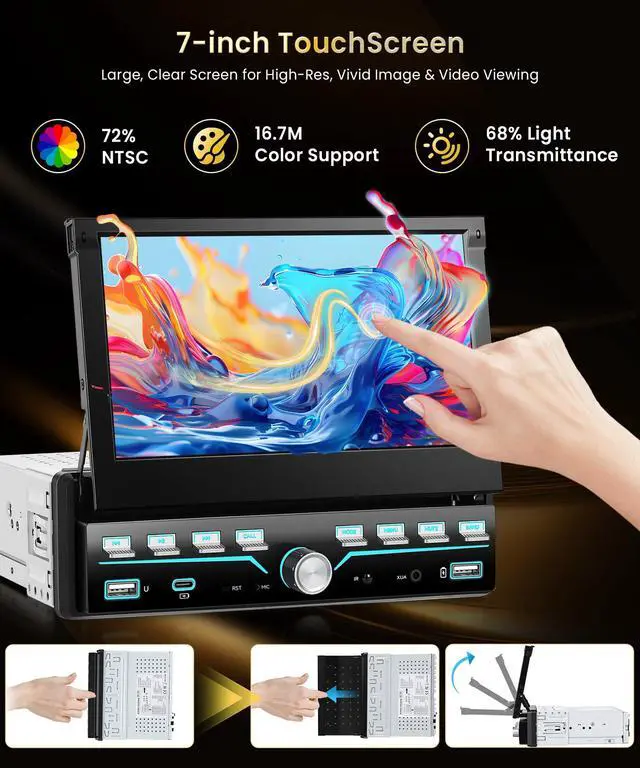 Alt view image 3 of 7 - 7'' Flip Out Screen Single Din Car Stereo with Piano Keys,Wireless CarPlay Android Auto,HD IPS Touchscreen Radio with Bluetooth,FM Radio Receiver Support USB/Type-C,Mirror Link,Backup Camera