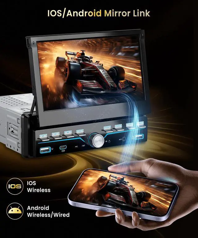 Alt view image 4 of 7 - 7'' Flip Out Screen Single Din Car Stereo with Piano Keys,Wireless CarPlay Android Auto,HD IPS Touchscreen Radio with Bluetooth,FM Radio Receiver Support USB/Type-C,Mirror Link,Backup Camera