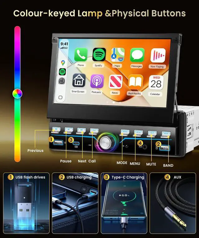 Alt view image 7 of 7 - 7'' Flip Out Screen Single Din Car Stereo with Piano Keys,Wireless CarPlay Android Auto,HD IPS Touchscreen Radio with Bluetooth,FM Radio Receiver Support USB/Type-C,Mirror Link,Backup Camera