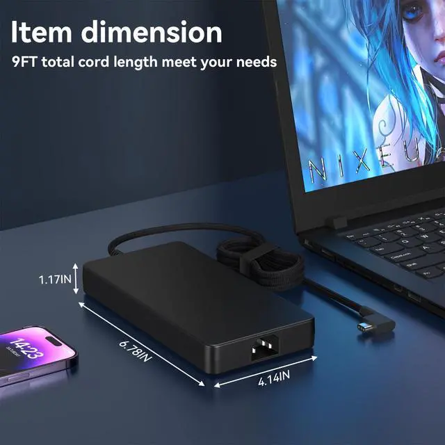 Alt view image 3 of 7 - 330W GaN Charger Compatible with Razer Blade18 16 RTX4090 AC Adapter | Fits Blade17 RTX4080 2024-2025 gaming laptops, RZ09-0483 RZ09-0510 RZ09-0529, 19.5V 16.92A, replaces RC30-0484 adapter