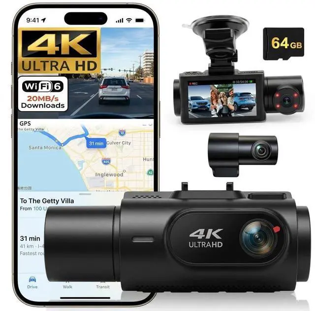 Main image of 3 Channel Dash Cam 4K+2K+2K, 170° Ultra Wide Angle Triple Car Camera, Pro Night Vision, 5GHz High-Speed WiFi (2.4X Faster), GPS, G-Sensor, 24H Parking Mode, 64GB Card Included