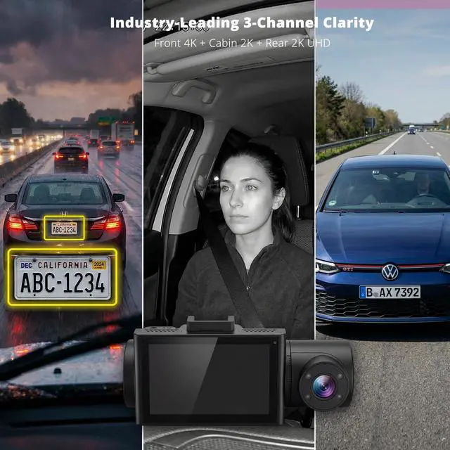 Alt view image 2 of 7 - 3 Channel Dash Cam 4K+2K+2K, 170° Ultra Wide Angle Triple Car Camera, Pro Night Vision, 5GHz High-Speed WiFi (2.4X Faster), GPS, G-Sensor, 24H Parking Mode, 64GB Card Included