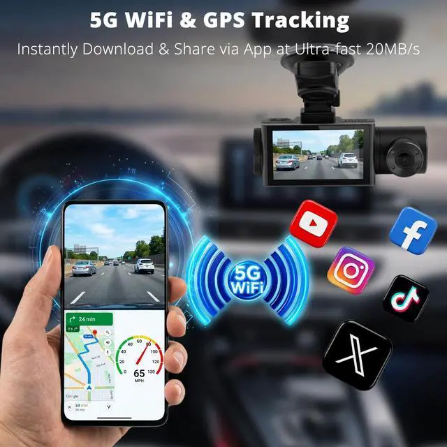 Alt view image 4 of 7 - 3 Channel Dash Cam 4K+2K+2K, 170° Ultra Wide Angle Triple Car Camera, Pro Night Vision, 5GHz High-Speed WiFi (2.4X Faster), GPS, G-Sensor, 24H Parking Mode, 64GB Card Included