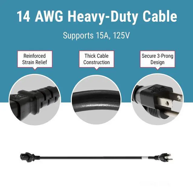 Alt view image 5 of 7 - 3 Prong AC Power Cord Cable 6ft (1.8m), 14AWG 5-15P to C15 | Heavy Duty 14 AWG Extension Cord Cable, 15A/125V, for Home, Office, Appliances, Electronics and Power Tools, Black