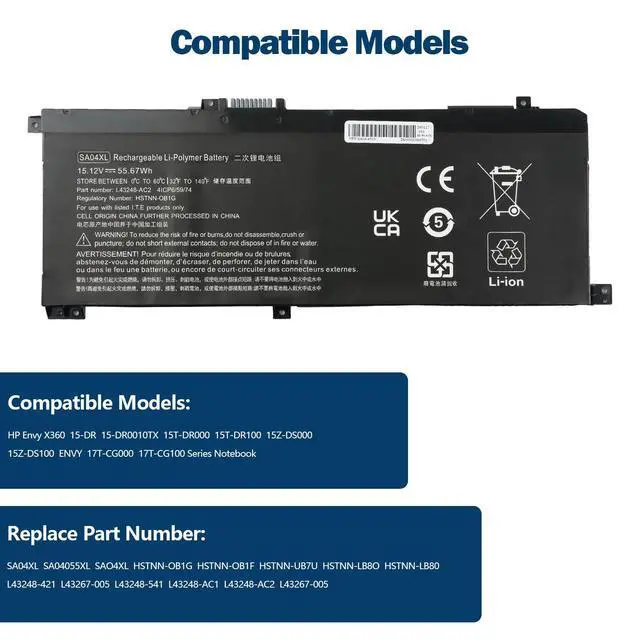 Alt view image 4 of 7 - SA04XL Laptop Battery for HP Envy X360 15-DR 15-DR0010TX Series 15.12V | 55.67Wh for HSTNN-OB1F HSTNN-OB1G HSTNN-UB7U L43248-541 L43248-AC1 L43248-AC2 L43267-005