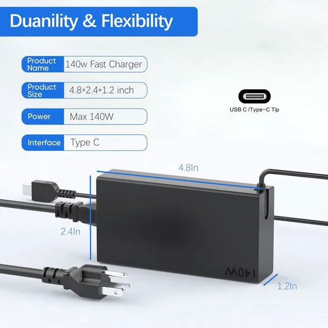 Alt view image 3 of 7 - 140W USB C Charger Compatible with Lenovo Yoga Pro 9i, Slim Pro 9 7, IdeaPad Pro 5, Legion Pro 5 7 5i 7i 9i, Slim 5 7, LOQ 15, ThinkPad P1, PD 3.1 Fast Laptop Power Adapter Type C