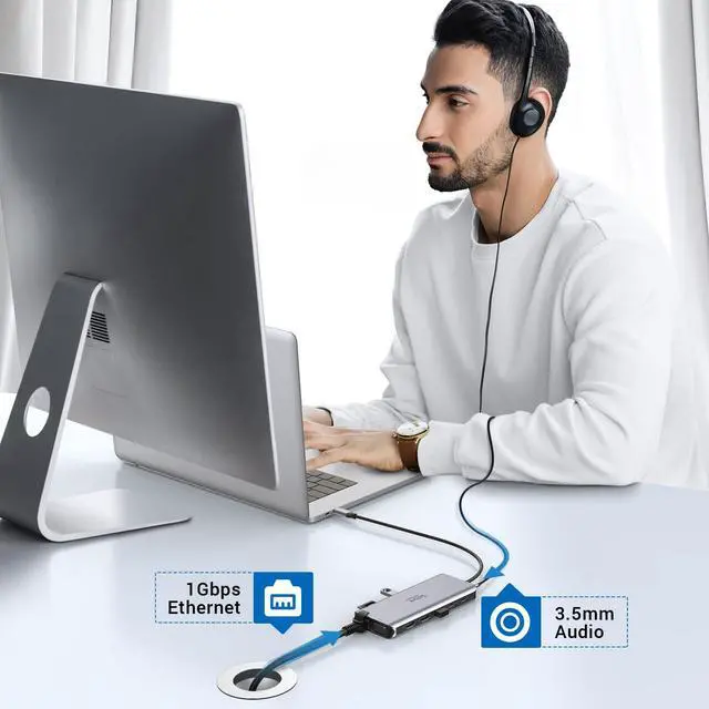 Alt view image 7 of 7 - USB C Docking Station Dual Monitor 14-in-1 Triple Display Dual HDMI & VGA | 10Gbps Data Transfer, 100W PD, Gigabit Ethernet, SD/microSD Card Reader, Audio, USB-C Hub for Dell HP Lenovo MacBook
