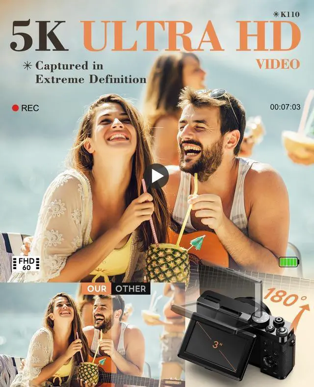 Alt view image 2 of 7 - 5K 64MP Digital Camera for Photography & YouTube Vlogging - 18X Zoom UHD Autofocus Video Camera with 3" 180° Flip Screen, 64GB TF Card & 2 Batteries - Compact Travel