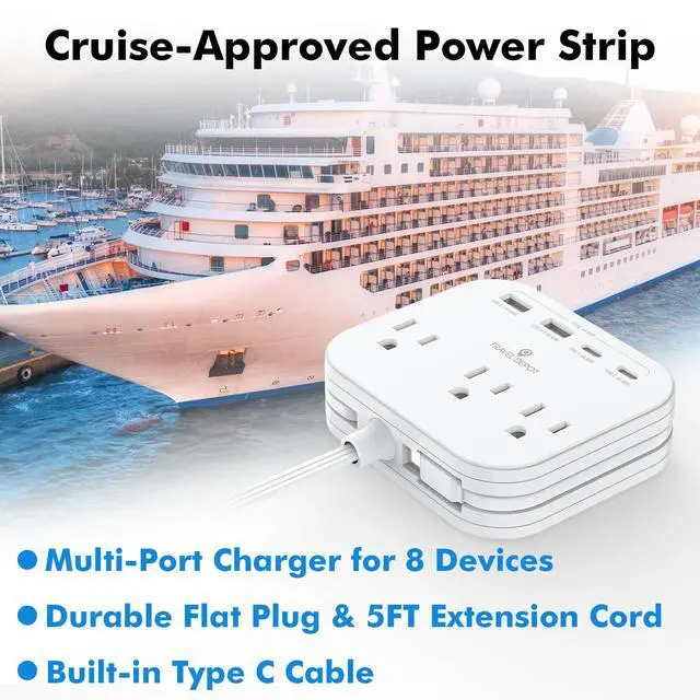 Alt view image 2 of 7 - Cruise Essentials Flat Plug Power Strip, Durable 5 ft Extension Cord w/ 3 Outlets Extender & Built-In Type C Cable, 2 USB & 2 USB-C Ports, No Surge Protector for Cruise Travel, Dorm, Home