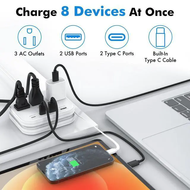 Alt view image 3 of 7 - Cruise Essentials Flat Plug Power Strip, Durable 5 ft Extension Cord w/ 3 Outlets Extender & Built-In Type C Cable, 2 USB & 2 USB-C Ports, No Surge Protector for Cruise Travel, Dorm, Home