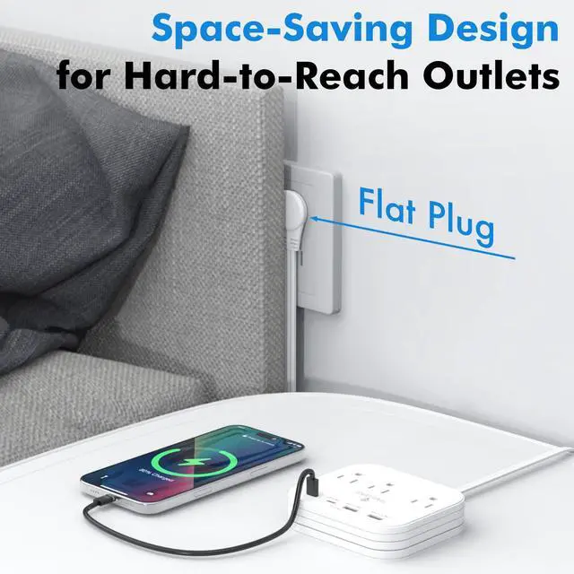 Alt view image 4 of 7 - Cruise Essentials Flat Plug Power Strip, Durable 5 ft Extension Cord w/ 3 Outlets Extender & Built-In Type C Cable, 2 USB & 2 USB-C Ports, No Surge Protector for Cruise Travel, Dorm, Home
