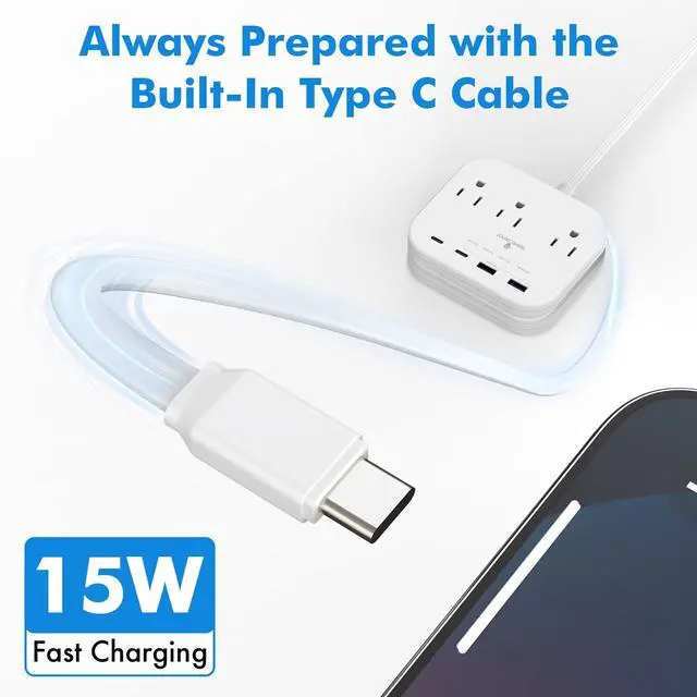 Alt view image 5 of 7 - Cruise Essentials Flat Plug Power Strip, Durable 5 ft Extension Cord w/ 3 Outlets Extender & Built-In Type C Cable, 2 USB & 2 USB-C Ports, No Surge Protector for Cruise Travel, Dorm, Home