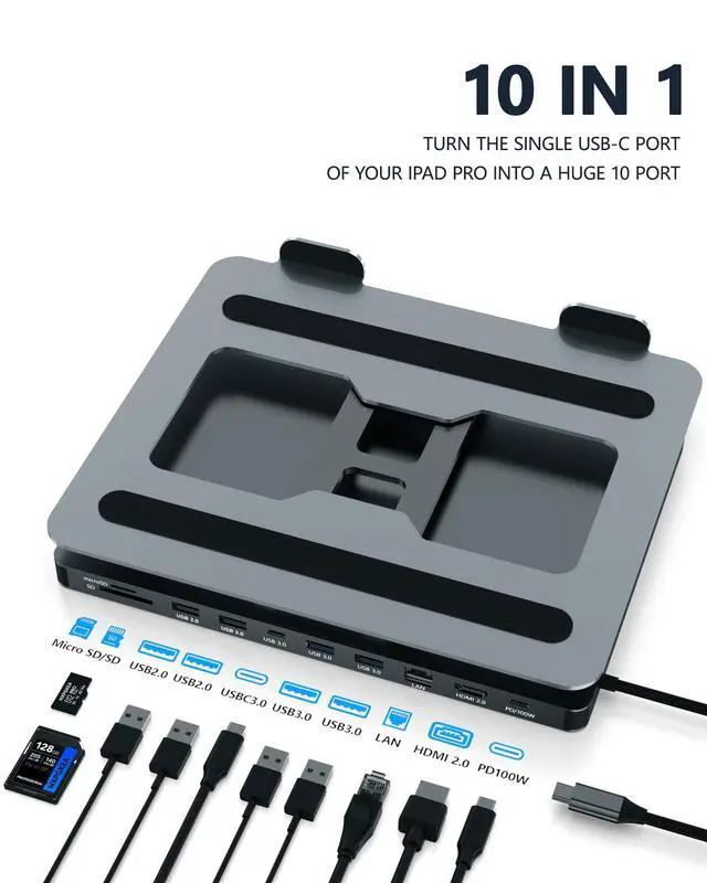 Alt view image 2 of 7 - USB C Hub Stand for MacBook Pro, 10 in 1 Adapter for MacBook Air Docking Station with 4K 60Hz HDMI, RJ45 Gigabit Ethernet, SD/TF Card Reader, 4 USB 3.0 for iPad/Dell HP/Surface/Lenovo Laptop Dock