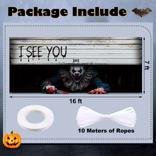 Alt view image 2 of 7 - Halloween Garage Door Cover Decoration, Clown I See You, 7 x 16 ft | Creepy Clown Design, Easy-install Door Decoration for Outdoor Haunted Party, Durable Plastic Background Fits Double Garage