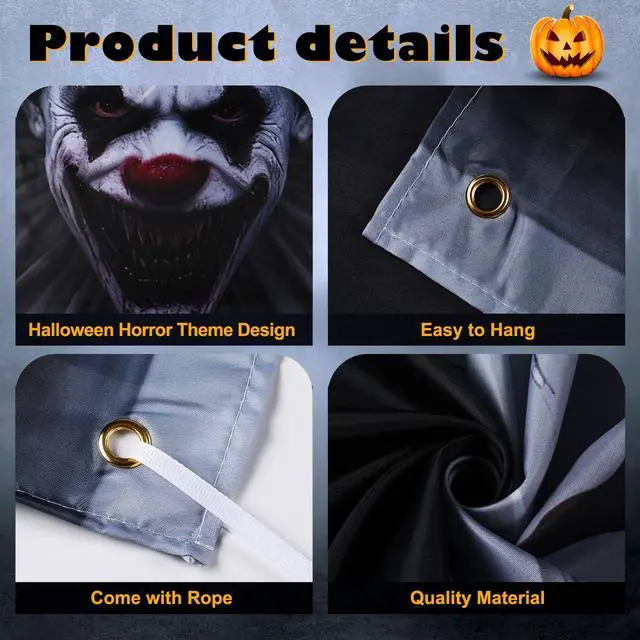 Alt view image 3 of 7 - Halloween Garage Door Cover Decoration, Clown I See You, 7 x 16 ft | Creepy Clown Design, Easy-install Door Decoration for Outdoor Haunted Party, Durable Plastic Background Fits Double Garage