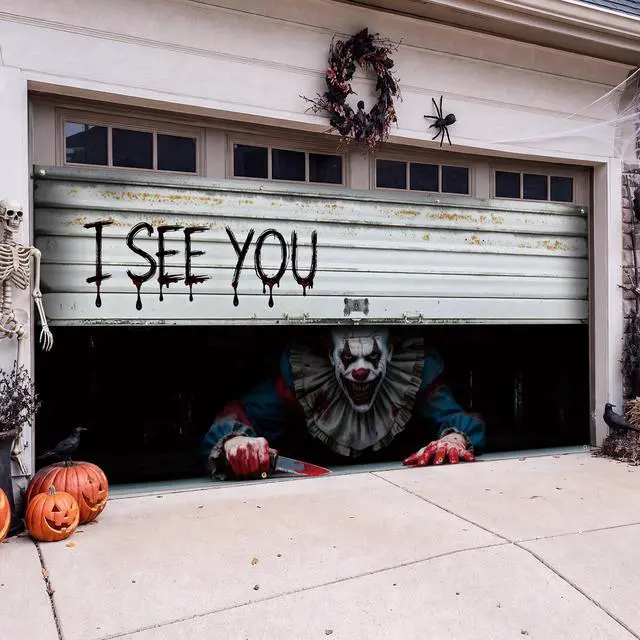 Alt view image 4 of 7 - Halloween Garage Door Cover Decoration, Clown I See You, 7 x 16 ft | Creepy Clown Design, Easy-install Door Decoration for Outdoor Haunted Party, Durable Plastic Background Fits Double Garage