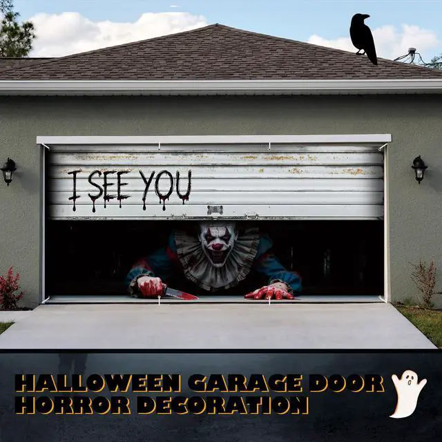 Alt view image 5 of 7 - Halloween Garage Door Cover Decoration, Clown I See You, 7 x 16 ft | Creepy Clown Design, Easy-install Door Decoration for Outdoor Haunted Party, Durable Plastic Background Fits Double Garage