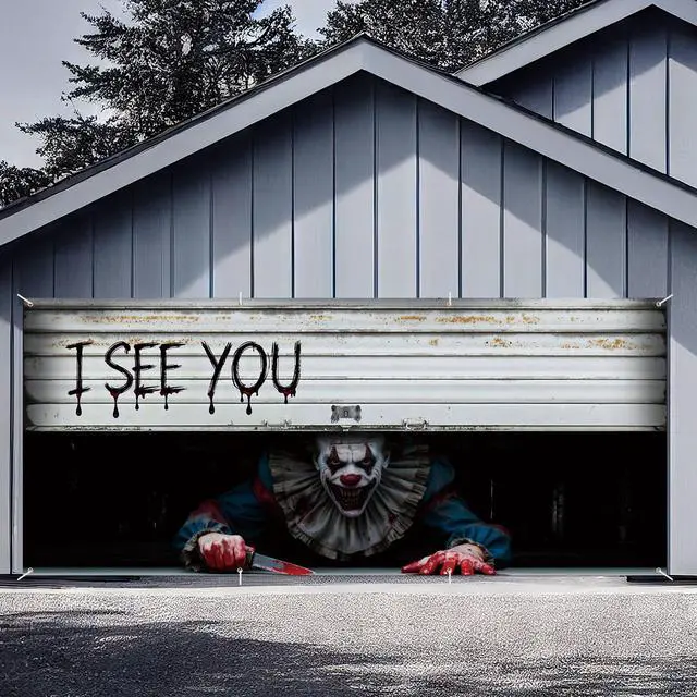 Alt view image 6 of 7 - Halloween Garage Door Cover Decoration, Clown I See You, 7 x 16 ft | Creepy Clown Design, Easy-install Door Decoration for Outdoor Haunted Party, Durable Plastic Background Fits Double Garage