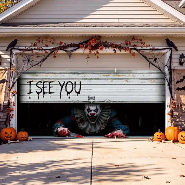 Alt view image 7 of 7 - Halloween Garage Door Cover Decoration, Clown I See You, 7 x 16 ft | Creepy Clown Design, Easy-install Door Decoration for Outdoor Haunted Party, Durable Plastic Background Fits Double Garage