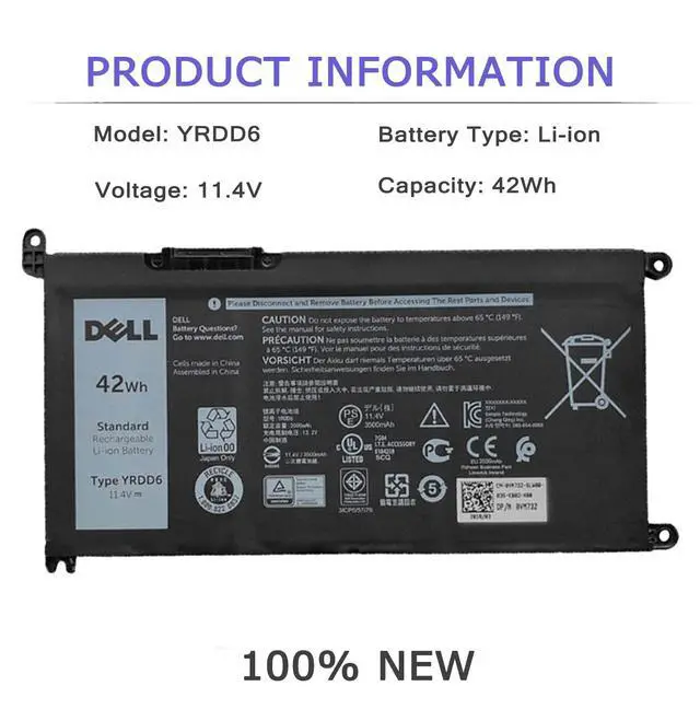 Alt view image 2 of 7 - DELL YRDD6 1VX1H Laptop Battery for Dell Inspiron 7586 5482 5485 5491 3310 2-in-1 3493 3582 3593 3793 5493 5593 5480 5590 5591 5594 5598 15 3583 3584 Vostro 3491 5481 5581 5490 5590 VM732 3Cell 42Wh