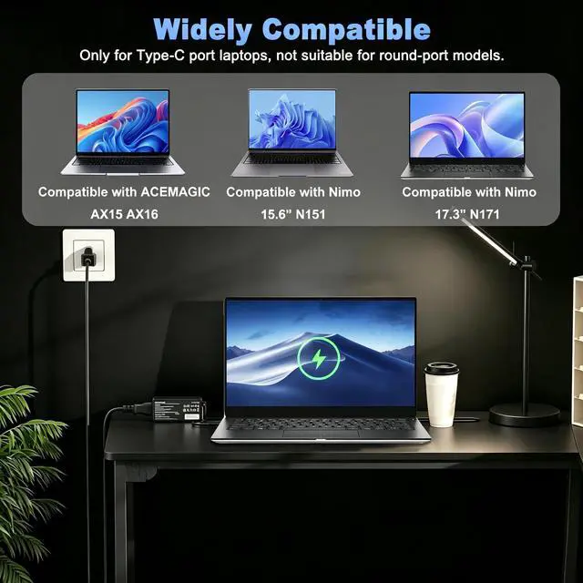 Alt view image 2 of 7 - 65W USB Type C Charger Compatible with Acemagic AX16 AX15 Laptop | Compatible with Nimo N171 N171S N151 N152 N153 N154 N151S 17.3" 15.6" Type C Notebook Power Supply Cord