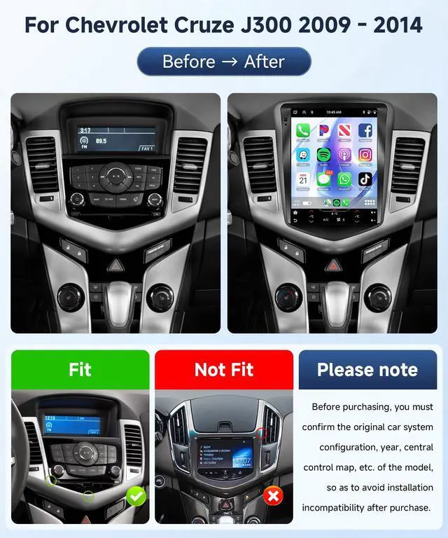 Alt view image 2 of 7 - 8Core 4G+64G Car Radio for Chevy Cruze J300 2009-2015, Wireless Carplay Android Auto, 5GWIFI GPS, 9.7 inch IPS Touchscreen Stereo for Chevrolet, Bluetooth, AHD Backup Camera, FM EQ SWC