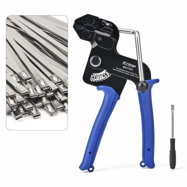 Main image of IWISS WCT322 Stainless Steel Cable Tie Gun Kit for Fastening and Cutting up to 12mm Width Metal Zip Ties, c/w 100 Pieces Stainless Steel Cable Zip Ties, Zip Tie Gun