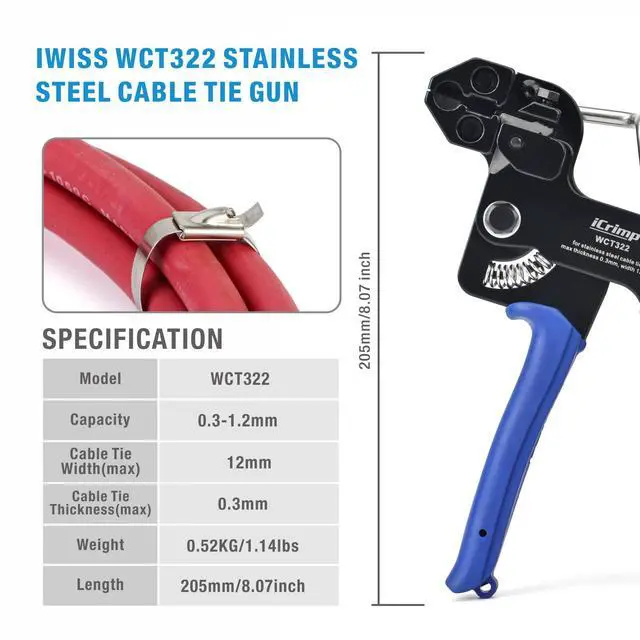 Alt view image 2 of 7 - IWISS WCT322 Stainless Steel Cable Tie Gun Kit for Fastening and Cutting up to 12mm Width Metal Zip Ties, c/w 100 Pieces Stainless Steel Cable Zip Ties, Zip Tie Gun
