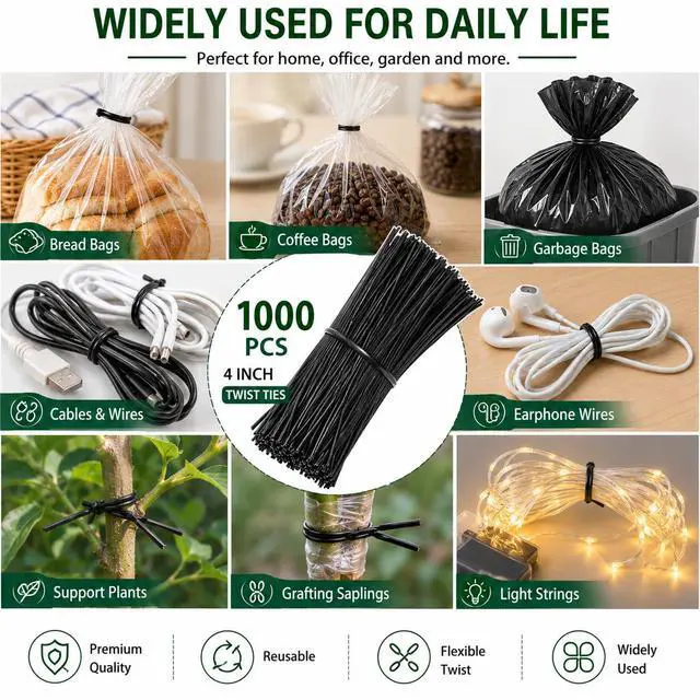 Alt view image 3 of 7 - 1000Pcs 4 Inch Plastic Twist Ties for Bags, Wire Cable Ties for Plants,Breads,Household and Office Use