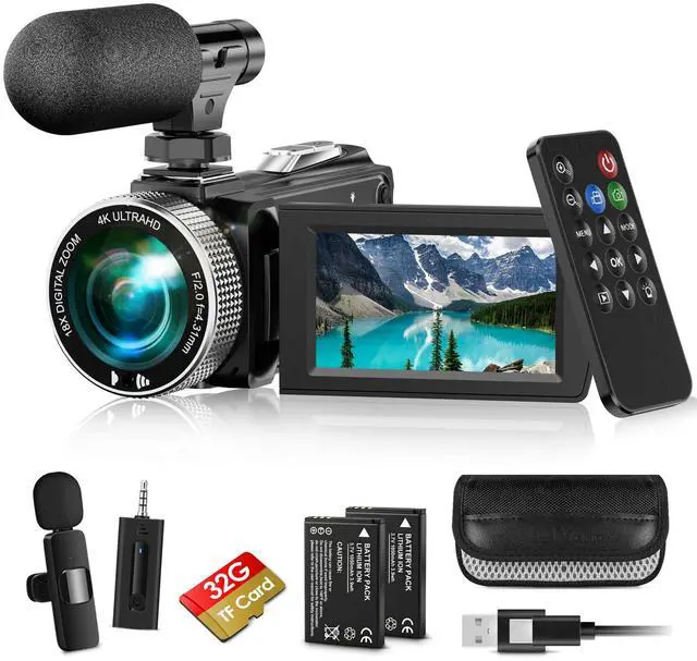 Main image of 4K Video Camera Camcorder Mini Mic 48MP 60FPS UHD Vlogging Cameras for YouTube 18X Digital Zoom 3.0''IPS Screen Camera with 32GB Card, Wireless Lavalier Microphone, Remote, 2 Batteries