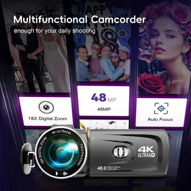 Alt view image 3 of 7 - 4K Video Camera Camcorder Mini Mic 48MP 60FPS UHD Vlogging Cameras for YouTube 18X Digital Zoom 3.0''IPS Screen Camera with 32GB Card, Wireless Lavalier Microphone, Remote, 2 Batteries