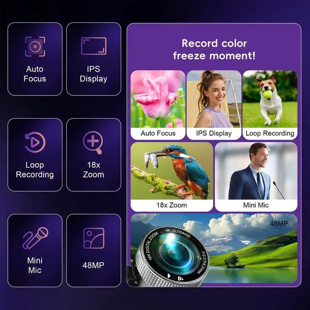 Alt view image 5 of 7 - 4K Video Camera Camcorder Mini Mic 48MP 60FPS UHD Vlogging Cameras for YouTube 18X Digital Zoom 3.0''IPS Screen Camera with 32GB Card, Wireless Lavalier Microphone, Remote, 2 Batteries
